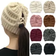 Women Winter Warm Ponytail Beanie Hat Soft Knitted Messy Cap Stretch Skull Caps·