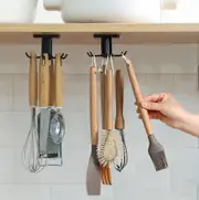2pcs Under Cabinet Utensil Hooks, 360Â° Rotating Adhesive Rack (Black)