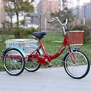 Three Wheel Bike, 3-Wheel Cargo Trike Adult Cruiser Bike Cycling Tricycle for Shopping Exercise Recreation with Carbon Steel Frame - Red Cycling Pedalling