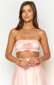 Nakiyah Pink Satin Rose Strapless Tie Back Crop Top