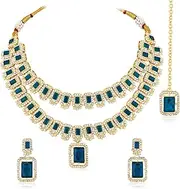 [Aheli] Cubic Zirconia & Synthetic Stone Studded 2 Layer Blue Necklace Earrings & Maangtikka Jewellery Set for Women, One Size, Metal, No Gemstone