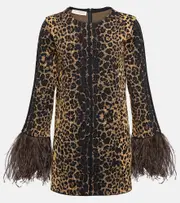 [Valentino] Valentino Feather-trimmed leopard-print sweater AU 8 brown