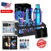 12-Piece Rainbow Cocktail Shaker Set with Bamboo Stand - Perfect Bartender Kit