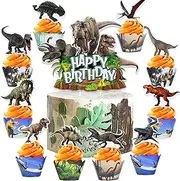 Dinosaur Cake Toppers 49 Pcs , Dinosaur Cupcake Wrappers and Toppers Supplies , Dinosaur Cake Decorations for Baby Shower Kids Party and Jurassic Dinosaur Birthday Party Supplies