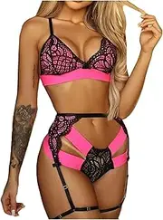 [Generic] Lingerie for Women 3 Piece Floral Lace Garter Lingerie Set - Underwire Bra and Panty Set Concepts Biology 3Pc Sexy Lingerie Set - Sexy Garter Lace Underwear Thong Underwear Sexy Bra and Panty Sets