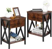 Set of 2 End Table Nightstands with Drawer and Storage Shelf, Industrial Bedside