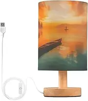 [ZRYSMY] Table Lamp Sunset Landscape Boat with USB Port for Living Room Nightstand Lamp with Linen Fabric Shade Small Bedside Lamps for Bedroom, Dorm, Office (LED Bulb Included)