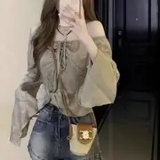 Bell Sleeve Off-Shoulder Tie-Front Ruffled-Hem Crop Top Gray - S
