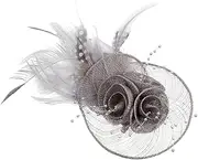 [TOVINANNA] Flower Hair Clip Pin with Romantic Plume for Wedding Bridal Headpiece Tea Party Hat Special Occasion Accessories Grey