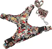 Fashion Printed Puppy Dog Harness and Leash Set Reflective Breathable Pet Outdoor Walking Supplies for Small Medium Dogs (Black,S)
