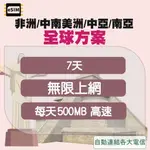 ESIM 【非洲/中南美洲/中亞/南亞】全球方案 無限上網 每天500MB高速 7天