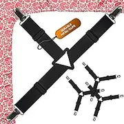 Bed Sheet Straps Set 4 pcs - Black Sheet Holders for Corners - Full Mattress Cover Fitted Sheet Clips to Hold Sheets in Place - Premium Nickel-Plated Bed Sheet Clips with Adjustable Bed Bands