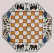 24" White Marble Designer Chess Table Set Multi Stone Mosaic Elephant Decor Game