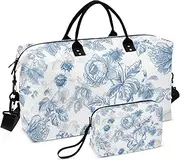 [ZRYSMY] Duffel Bag for Traveling, Blue White Floral Travel Bag Gym Bag, with Multiple Interior Pockets Shoulder Weekender Bag for Women Men with Toiletry Bag 20.5L x 1.9W x 13.8H, Multi-Colored, one