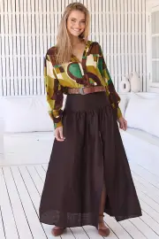 JAASE - Lea Maxi Skirt: High Waisted Linen Skirt with Split in Chocolate