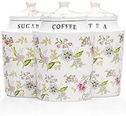 25DOL Coffee Tea Sugar Canister Set with Airtight Lids - Elegant Flower Kitchen Canisters Set of 3 Pantry Jars Containers - Decorative Ceramic Canister Set for Countertop or Coffee Bar - 13.5 Ounce …
