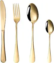 WOODVIR 16-Piece Shiny Gold Stainless Steel Flatware Set - 4 Dinner Knives, Forks, Spoons & Dessert Spoons, Mirror Polished Rust-Resistant Cutlery for Elegant Dining, Home, Restaurant, or Travel