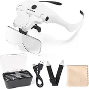 LED Head Magnifying Glass with Light, Rechargeable Hands Free Head Mount Magnifier with 4 LED Lights, Magnifying Glasses for Hobbies with 5 Detachable Lenses 1.0X 1.5X 2.0X 2.5X 3.5X
