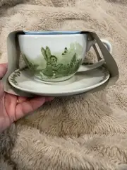 Peter Rabbit Beatrix Potter Bunny Green Ceramic Set of 2 Teacups & Saucers