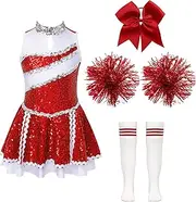 [Moggemol] Kids Girls Cheer Leader Costume Shiny Sequins Cheerleading Dance Dress With Pom Poms Hair Tie Stockings Sets