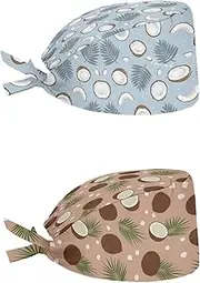 Babrukda 2 Pack Scrub Cap with Sweatband Adjustable Tie Back Turban Hat Headgear Beanie for Women Men Working Cap, Tropical Coconut, One Size