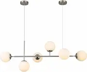 KCO Modern Ceiling Pendant Lighting, Mid-Century Glass Globes Sputnik Pendant Lamp, LED 6-Light Hanging Adjustable Chandelier for Kitchen Island Living Dining Room (Silver+White)