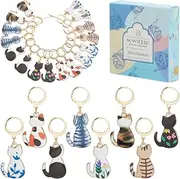 SUNNYCLUE 1 Box 8 Styles Cute Stitch Marker Cat Crochet Markers Enamel Print Cats Locking Clasps Rings Knitting Charms for Jewellery Making Charms Handmade Accessories Weaving Supplies Women Adult
