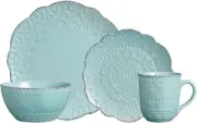 Remembrance Dinnerware Set, 16 Piece, Green, Teal