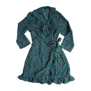 Alison Andrews Floral Wrap Dress Sz L Mini Ruffle Tie Bow Teal 3/4 Sleeve