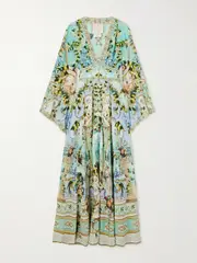 [Camilla] Camilla - + The White Lotus Crystal-embellished Printed Silk-satin Maxi Dress - Blue - medium medium Blue