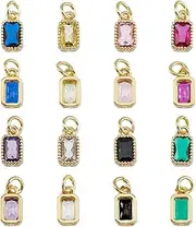 [Hobbspring] 16Pcs Micro Pave Cubic Zirconia Charms 8 Colors Rectangle Birthstone Pendants Real 18K Gold Plated Charms with Jump Ring for Jewelry Necklace and Earrings Making, Brass+Cubic Zirconia