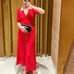 SAN*RO 春夏新款通勤鏤空緊身大紅色撞色針織長裙洋裝