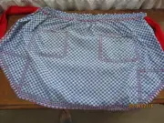 Vintage blue gingham cross stitch Half Apron adjustable drawstring apron strings