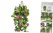 Artificial Hanging Basket with Flowers Rose, UV Resistant Fake Plastic Pink