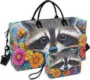 [YXYZRMY] Raccoon Colorful Flowers Travel Duffel Bag Gym Bag Sports Tote Bag with Multiple Interior Pockets Shoulder Weekender Bag for Women Men with Toiletry Bag 20.5”x 7.9”x 13.8”, Multi-colored, One