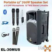 E-Lektron EL30-M 12" UHF Portable Bluetooth Speaker Coach Set 4 UHF Microphoes