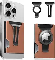 Magnetic Phone Wallet Compatible with Apple MagSafe - Metal Card Holder with AirTag Holder, RFID Blocking & Money Clip Mag Safe Wallet for iPhone 16 15 14 13 12 Pro Max/Pro/Plus/Mini, Coffee Color