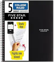 Five Star Spiral Notebook + Study App, 5 Subject, College Ruled Paper, Fights Ink Bleed, Water Resistant Cover, 8-1/2" x 11", 200 Sheets, Black (72081)
