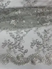 White Silver corded Floral lace with sequin Fabric Sold By Yard 52" Wide Elena