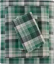 Woolrich Flannel 100% Cotton Sheet Set Warm Soft Bed Sheets with 14" Elastic Pocket, Cabin Lifestyle, Cold Season Cozy Bedding Set, Matching Pillow Case, Queen, Green Plaid, 4 Piece