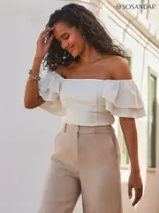 Sosandar White Linen Blend Ruffle Sleeve Top (E35918) | $113