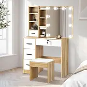 Oikiture Dressing Table with Sliding Mirror Lighted Makeup Mirror with Shelf and Storage Cabinet Dressing Table with Stool Wood