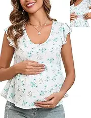 [LYTHMER] Womens Maternity Tops Flying Short Sleeve Nursing Tops V Neck Ruffle Floral Pregnancy Blouse with Discreet Zipper