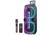 400w dual 10 portable karaoke bluetooth speaker with led lights & wireless mic, 13.38 x 29.92 x 12 in, Black
