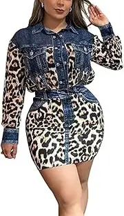 [Alicharm] Womens Sexy 2 Piece Outfits Leopard Print Long Sleeve Button Up Shirt and Bodycon Mini Skirt Sets