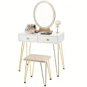 NNETM Elegant White Dressing Table Stool Set with LED Oval Mirror