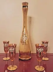 Gorgeous Arte Vetraria Muranese Decanter Set w/4 glasses Amber Glass 24K Gold