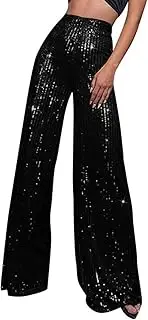 [OULIWANGLUO] Women's Wide Leg Sparkly Sequin Pants High Waist Party Club Evening Wear Pant Fashion Loose Elastic Casual Trousers