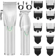 Professional Hair Clippers for Men, Professional Barber Clippers and Trimmer Set, Mens Cordless Hair Clippers for Barbers Haircut, Mens Grooming Kit with 10 Guide Combs, Mens Gifts(Silver)
