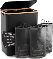Harmony House 3 Section Laundry Hamper with Lid - Black Clothes Basket, Removable Mesh Bags, Easy Sorting for Light, Dark, and Delicates